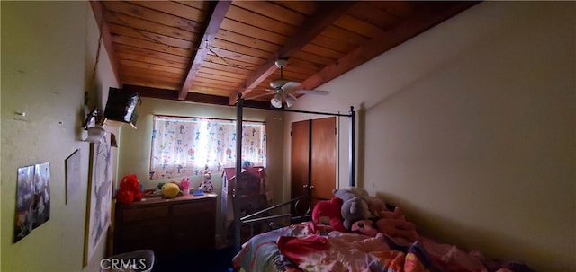 bedroom with wooden ceiling and beamed ceiling