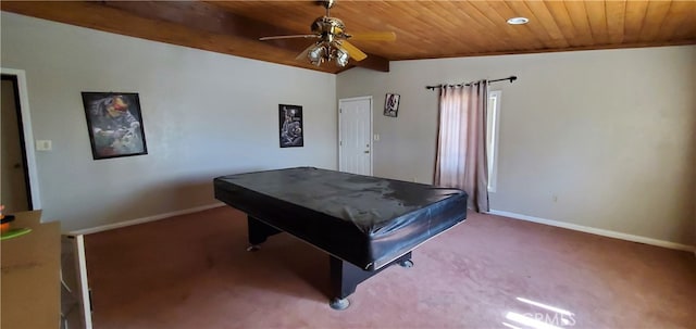 game room featuring wood ceiling, billiards, ceiling fan, carpet flooring, and lofted ceiling with beams