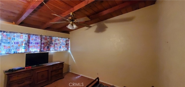 living room featuring lofted ceiling with beams, ceiling fan, and wood ceiling