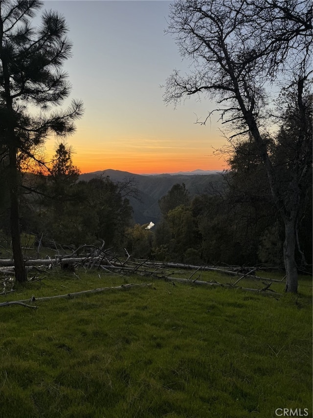 yard at dusk featuring a mountain view