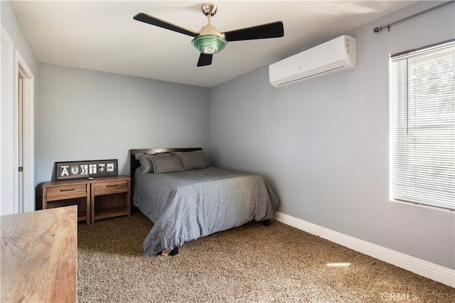 bedroom featuring ceiling fan, carpet floors, and a wall mounted AC