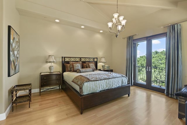 bedroom with french doors, vaulted ceiling with beams, light hardwood / wood-style flooring, access to outside, and a notable chandelier