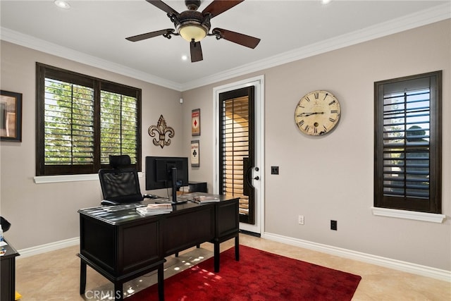 home office featuring a wealth of natural light, ornamental molding, and ceiling fan