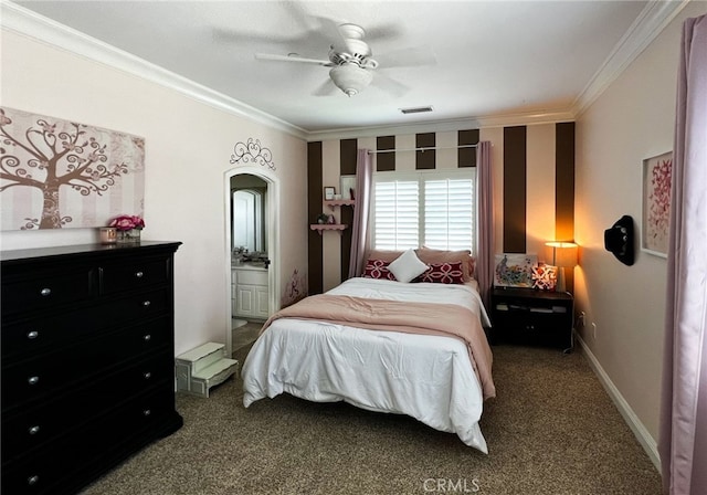 bedroom with ceiling fan, crown molding, carpet, and ensuite bathroom