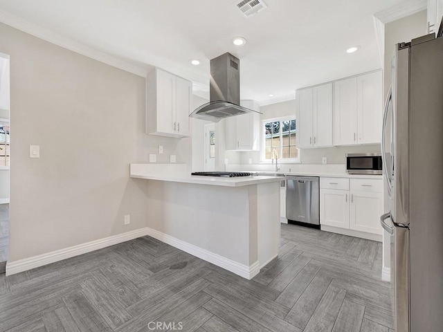 kitchen with a peninsula, white cabinets, light countertops, appliances with stainless steel finishes, and island exhaust hood