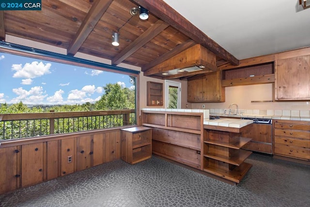 kitchen featuring paneled dishwasher, wood ceiling, sink, vaulted ceiling with beams, and tile counters