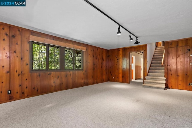 interior space featuring wood walls, carpet floors, and rail lighting