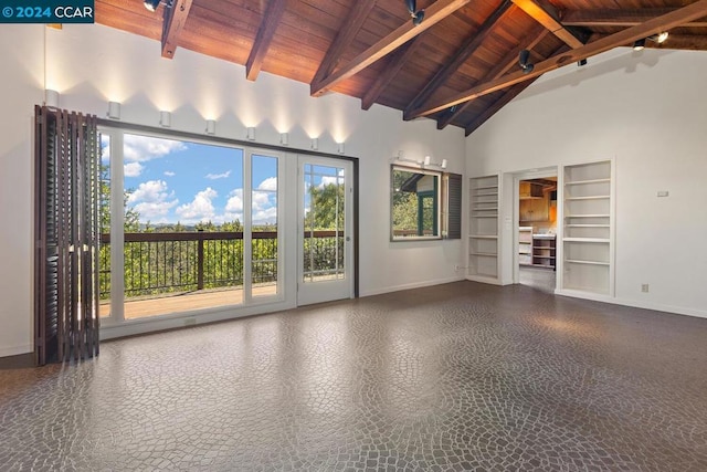 unfurnished room with beam ceiling, wooden ceiling, and high vaulted ceiling