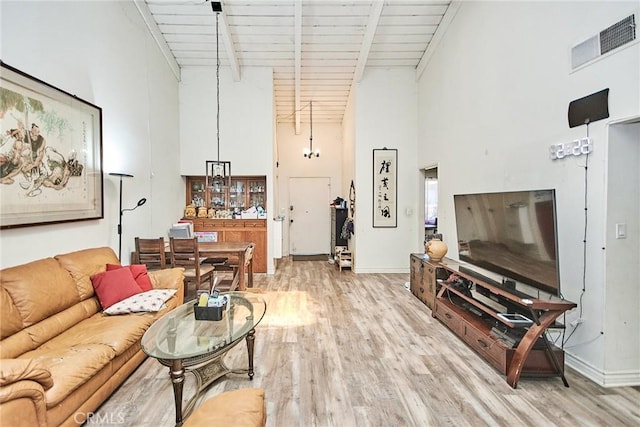 living room featuring beamed ceiling, light hardwood / wood-style flooring, high vaulted ceiling, and wood ceiling