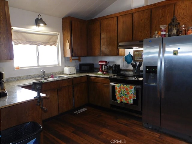 kitchen featuring dark hardwood / wood-style flooring, sink, stainless steel appliances, and lofted ceiling