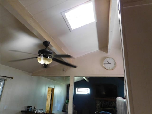 interior details with ceiling fan and beam ceiling