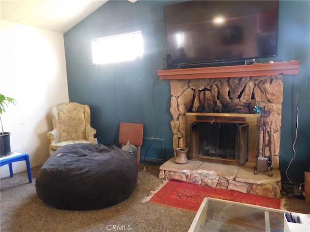 18786 Dove Ct, Hidden Valley Lake, CA 95467 - sitting room featuring lofted ceiling, a stone fireplace, and carpet