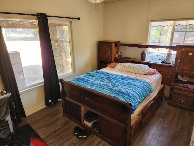 bedroom with multiple windows and dark hardwood / wood-style floors