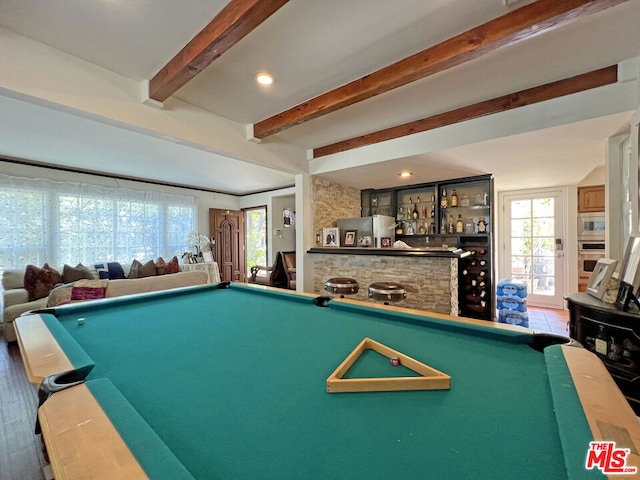 rec room featuring hardwood / wood-style flooring, beamed ceiling, and pool table