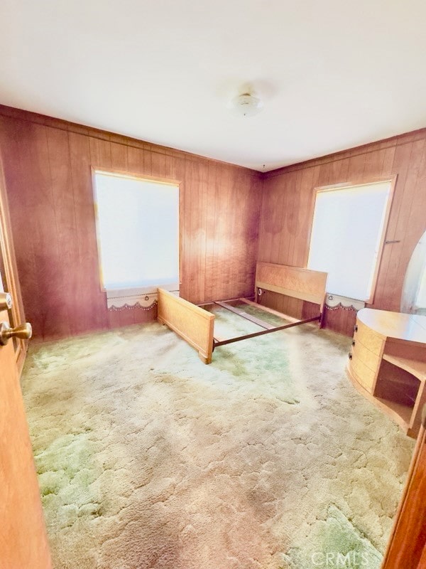 unfurnished bedroom featuring wood walls and carpet floors