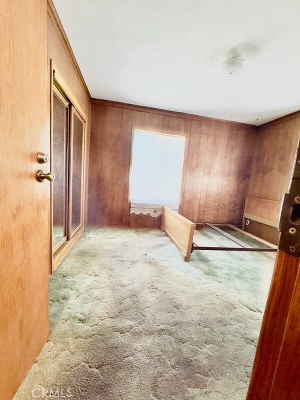 interior space featuring wooden walls and light colored carpet