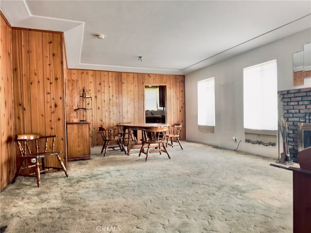 interior space with a fireplace and wood walls