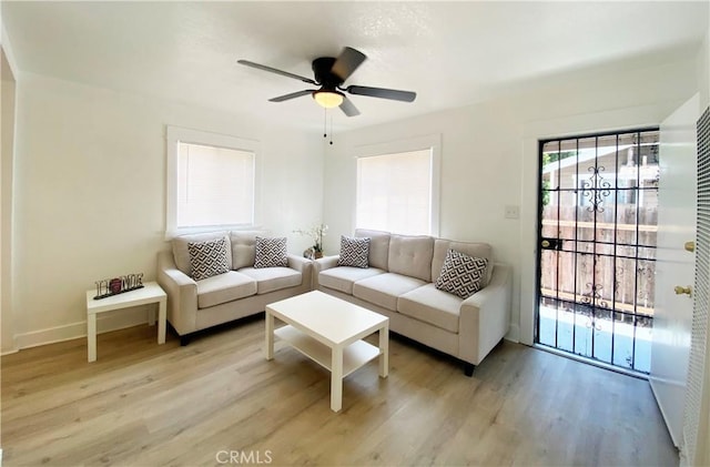 living room with ceiling fan and light wood-type flooring