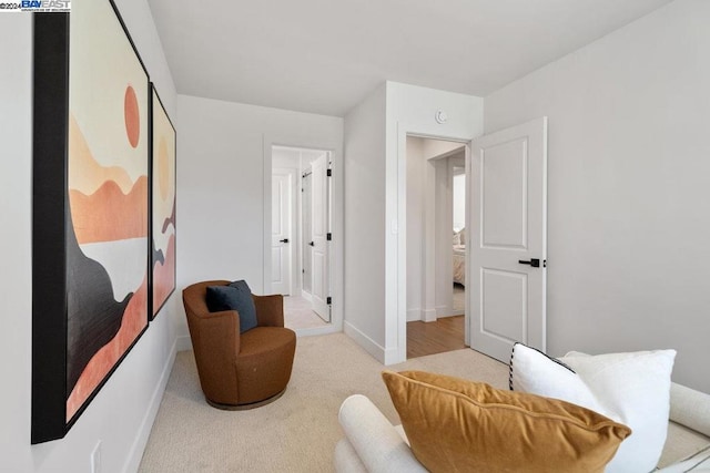 sitting room featuring light colored carpet