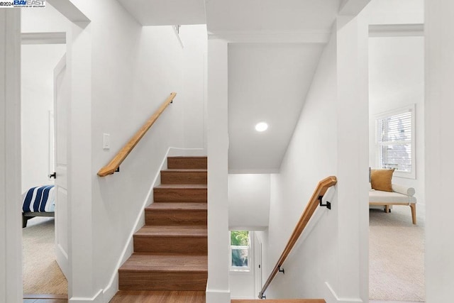 stairs featuring a wealth of natural light and carpet floors