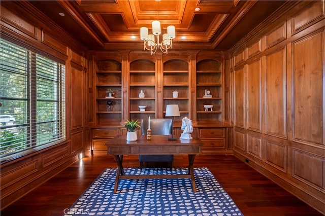 unfurnished office with coffered ceiling, wood walls, crown molding, and dark wood-type flooring