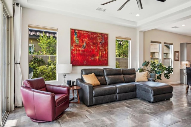 living room with ceiling fan