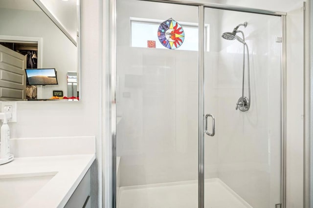 bathroom featuring vanity and a shower with shower door