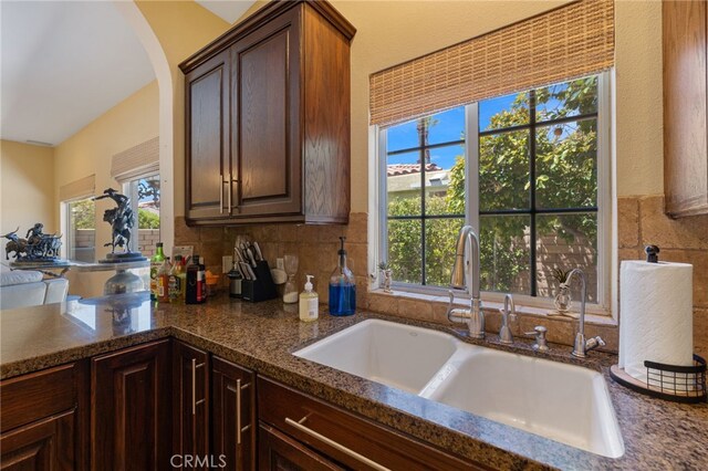 kitchen with dark brown cabinets, sink, and decorative backsplash