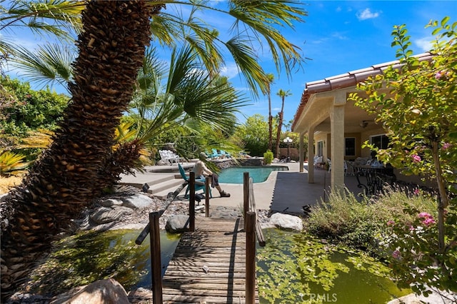 view of swimming pool with a patio area