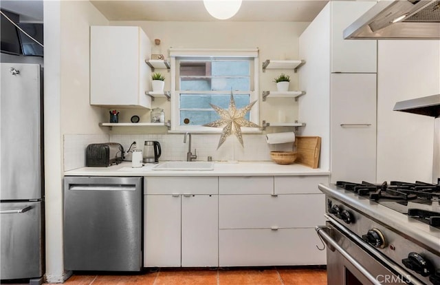 kitchen featuring white cabinets, sink, range hood, tasteful backsplash, and stainless steel appliances