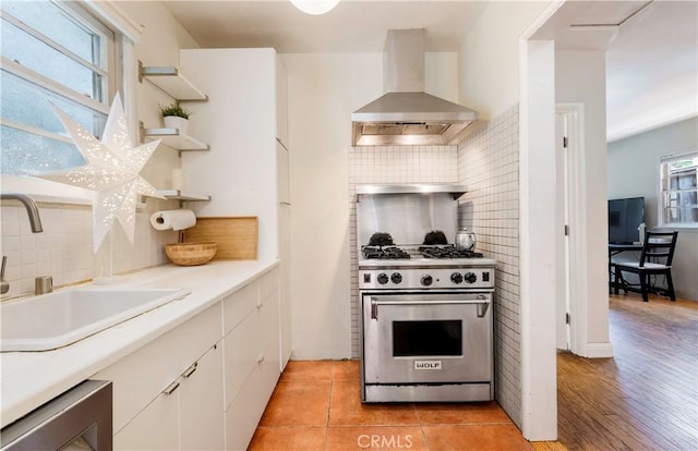 kitchen with white cabinetry, sink, wall chimney exhaust hood, light hardwood / wood-style floors, and appliances with stainless steel finishes