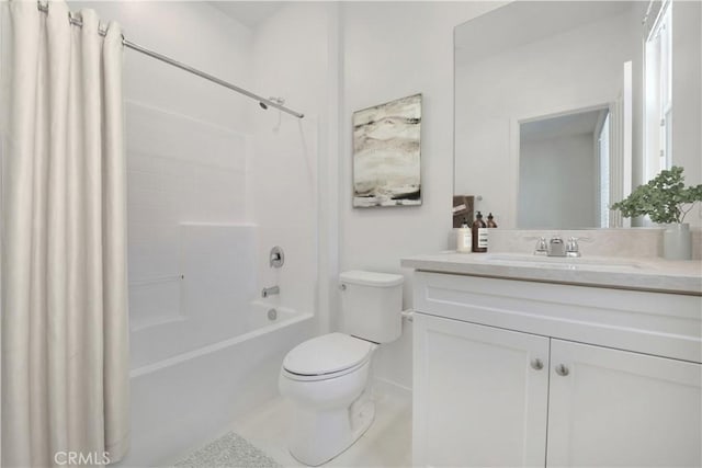 full bathroom featuring tile patterned floors, vanity, toilet, and shower / bathtub combination with curtain