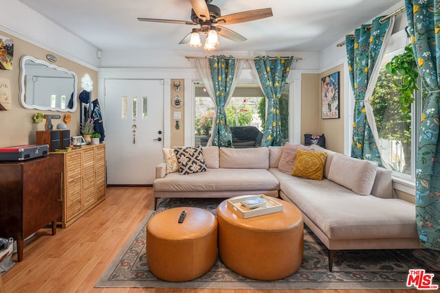 living room with hardwood / wood-style floors and ceiling fan