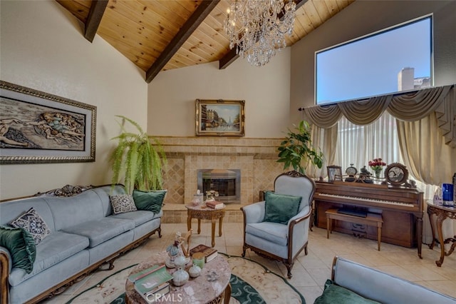 living room featuring a fireplace, beam ceiling, a chandelier, and wooden ceiling