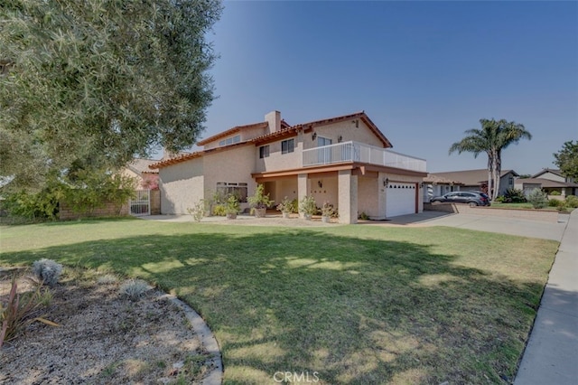 mediterranean / spanish home featuring a front yard, a garage, and a balcony