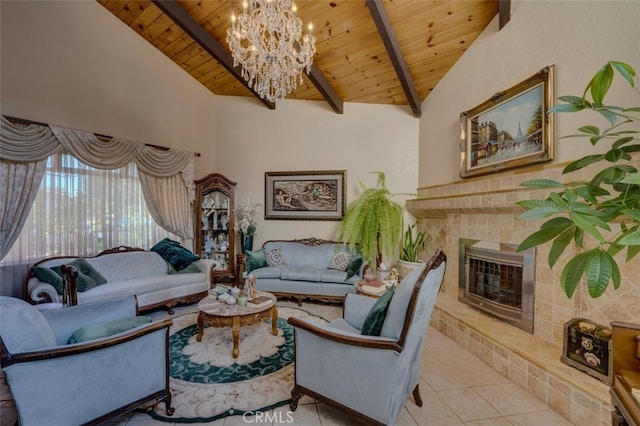 tiled living room with wood ceiling, high vaulted ceiling, a fireplace, beam ceiling, and an inviting chandelier