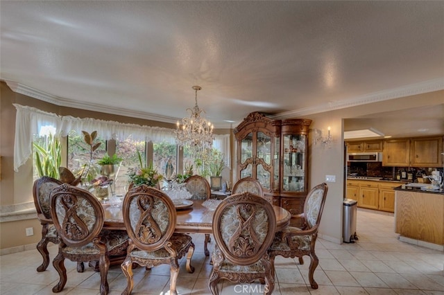 dining area with crown molding, light tile patterned floors, and a notable chandelier