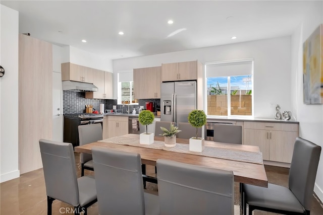 kitchen with light brown cabinets, decorative backsplash, a healthy amount of sunlight, and stainless steel appliances