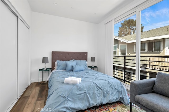 bedroom with a closet and dark hardwood / wood-style floors