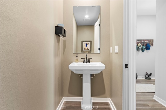 bathroom with hardwood / wood-style floors