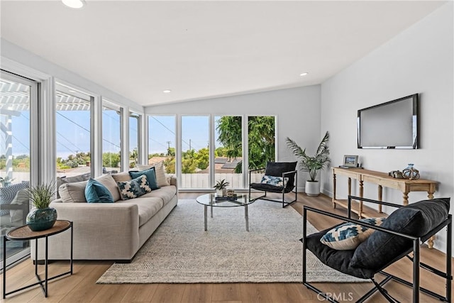 living room featuring lofted ceiling and light wood-type flooring