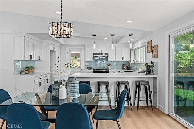 dining space with light hardwood / wood-style floors, sink, a wealth of natural light, and vaulted ceiling