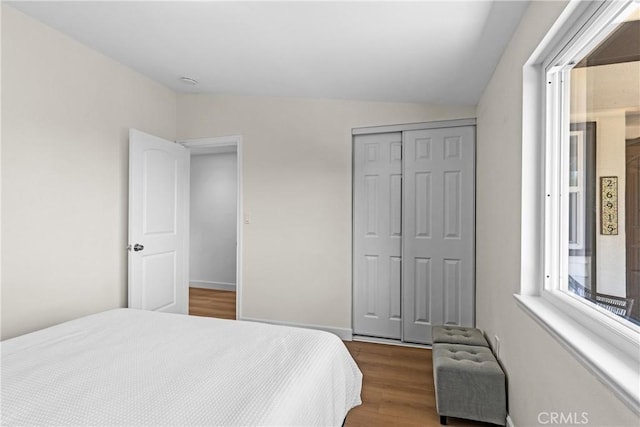 bedroom with hardwood / wood-style flooring, a closet, and lofted ceiling