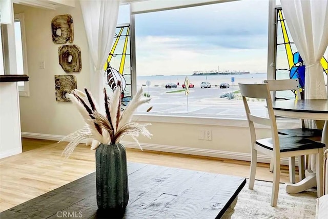 interior space with a water view and wood-type flooring