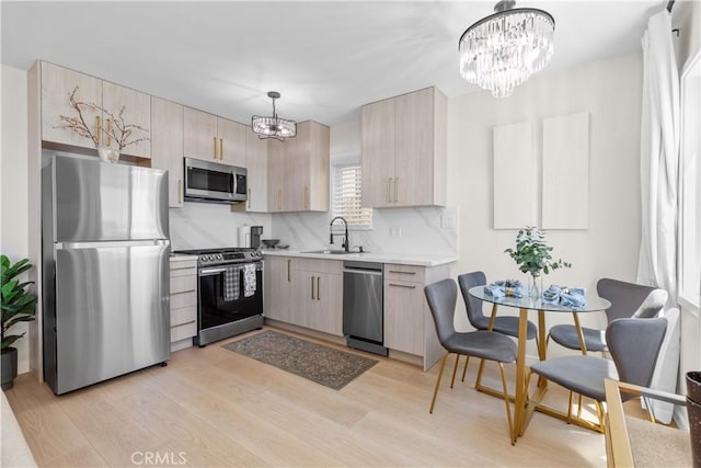 kitchen featuring pendant lighting, stainless steel appliances, light brown cabinetry, backsplash, and light wood-type flooring