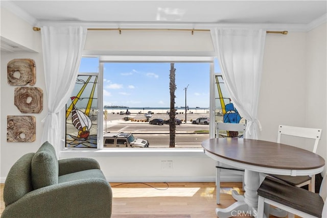 dining space featuring a water view and light wood-type flooring