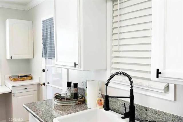 interior details with white cabinetry, sink, and crown molding