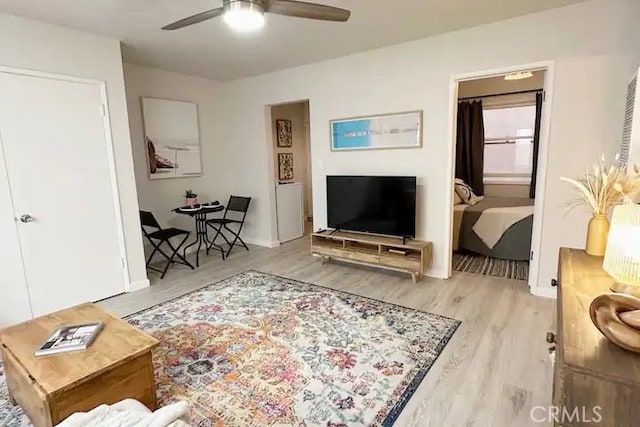 living room featuring ceiling fan and wood-type flooring