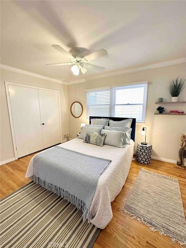 bedroom featuring ceiling fan, light hardwood / wood-style floors, a closet, and ornamental molding