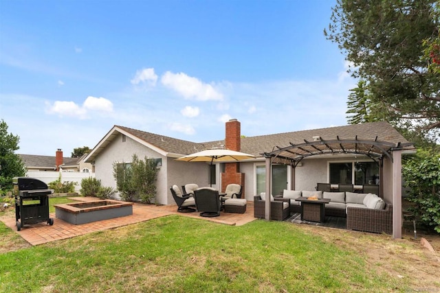 rear view of property featuring a yard, an outdoor hangout area, a patio area, and a pergola